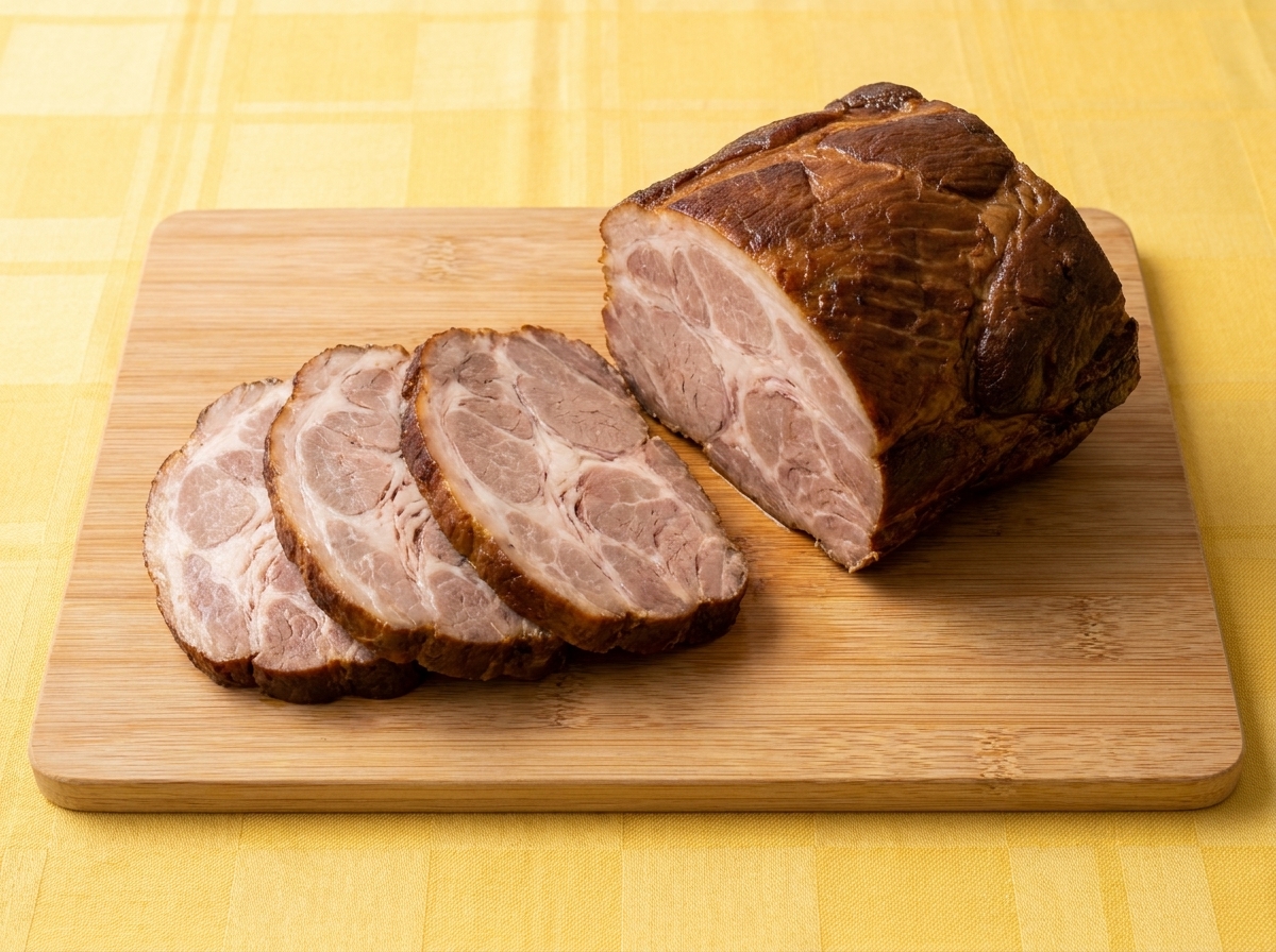 Rodajas finas y circulares de panceta braseada sobre una tabla de cortar de madera junto al resto del rollo.