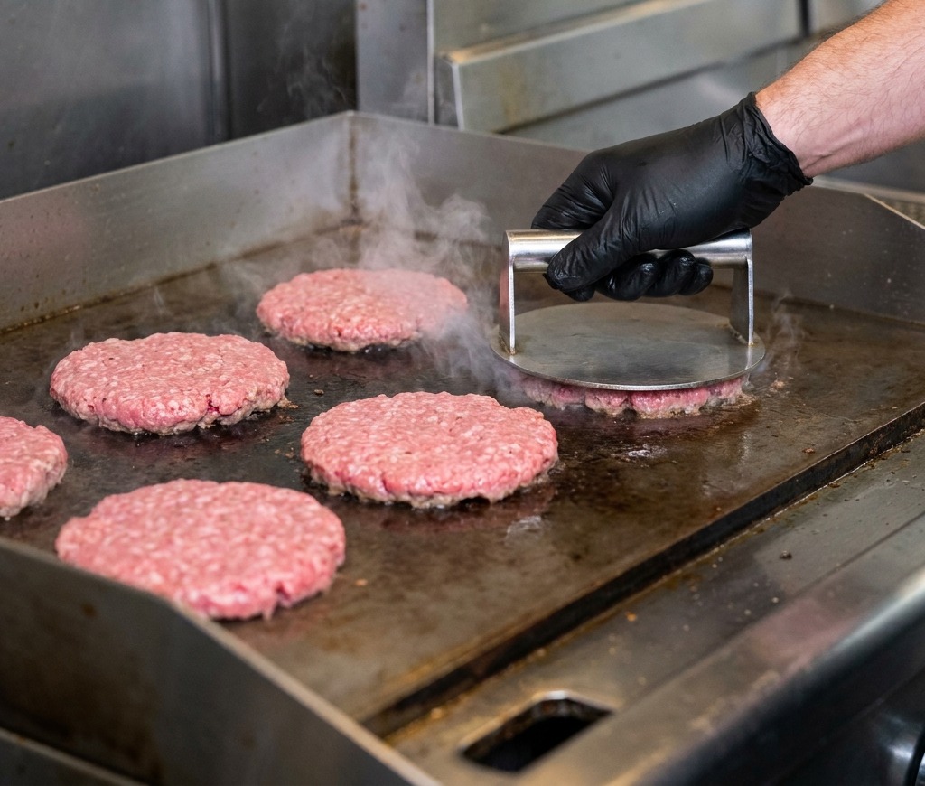 Hileras de bolas de carne cruda colocándose sobre una plancha de metal caliente y chisporroteante en una cocina.