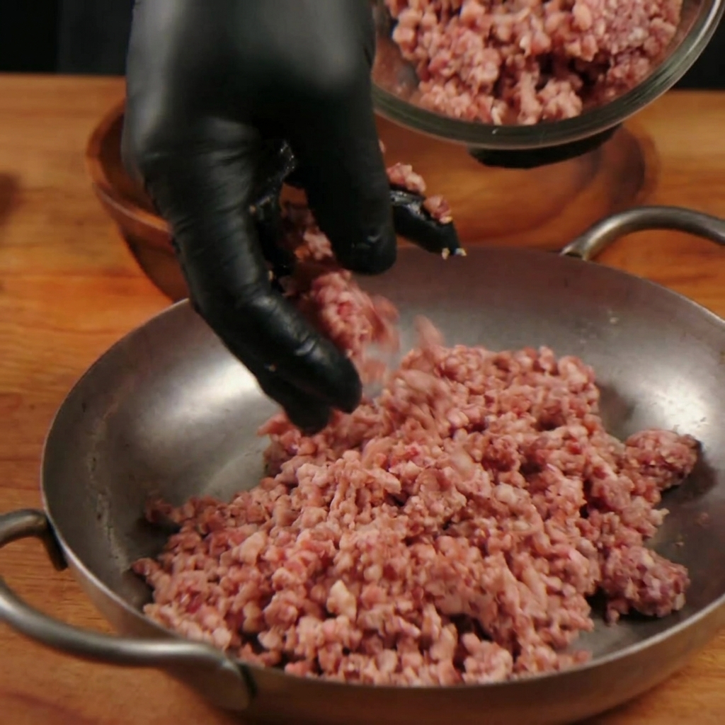 Manos con guantes negros mezclando suavemente carne picada en una bandeja de metal.