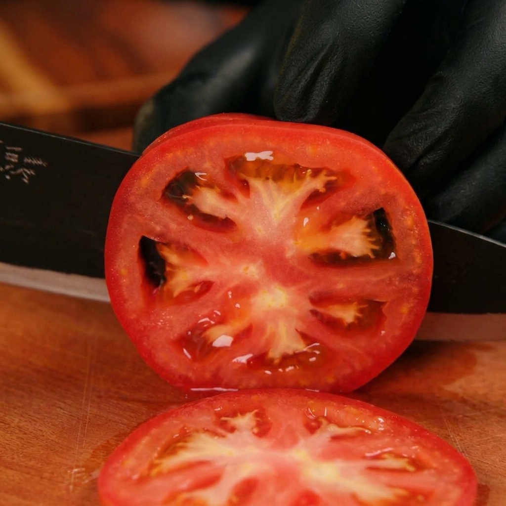 Un cuchillo negro afilado cortando un tomate rojo maduro en rodajas gruesas sobre una tabla de cortar de madera.