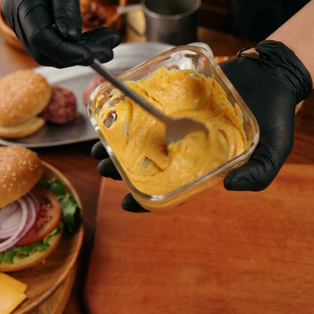 Manos con guantes negros usando una cuchara para remover una salsa cremosa de color naranja amarillento en un pequeño recipiente de cristal.