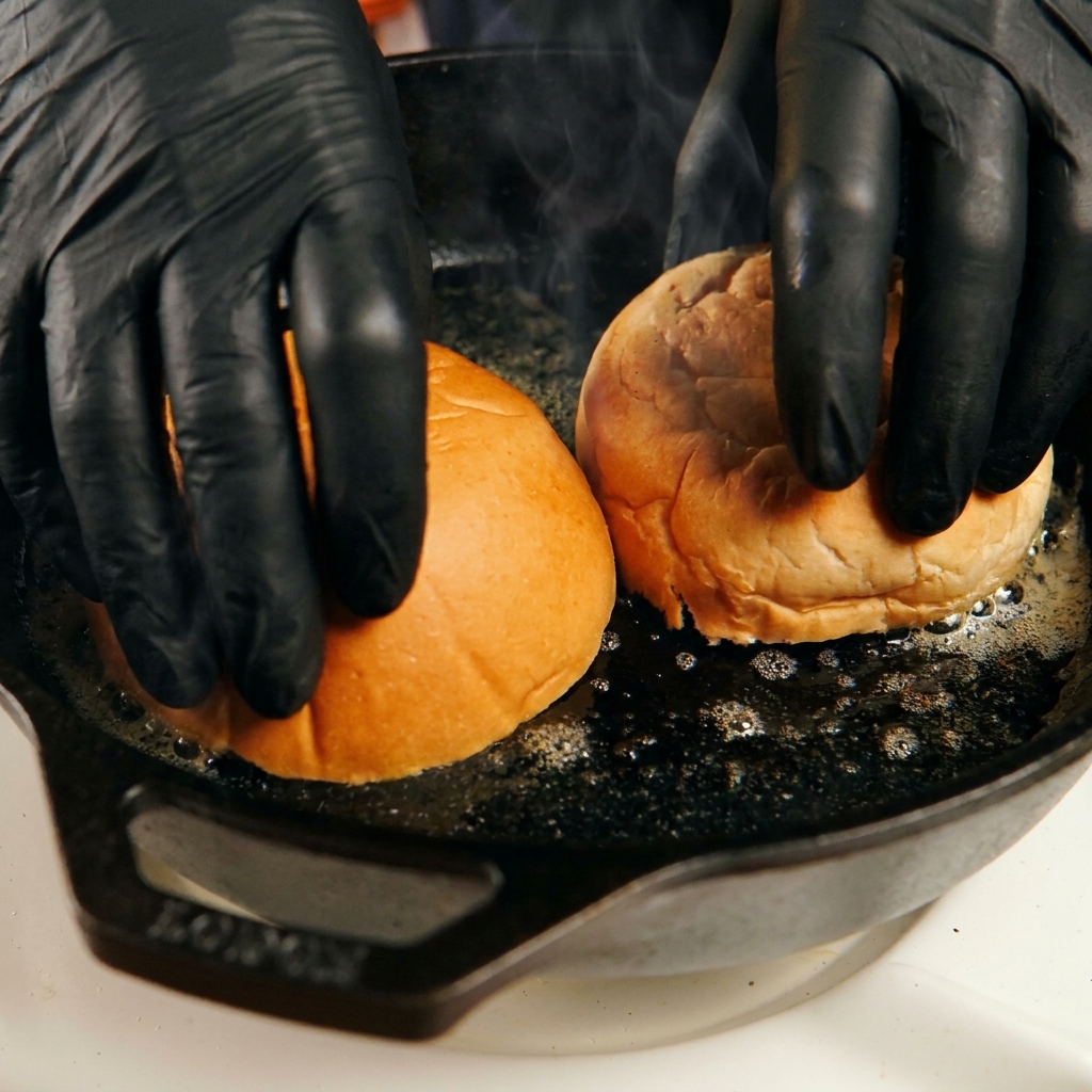 Manos con guantes negros presionando las dos mitades de un pan de hamburguesa boca abajo en una sartén de hierro fundido caliente con mantequilla derretida.