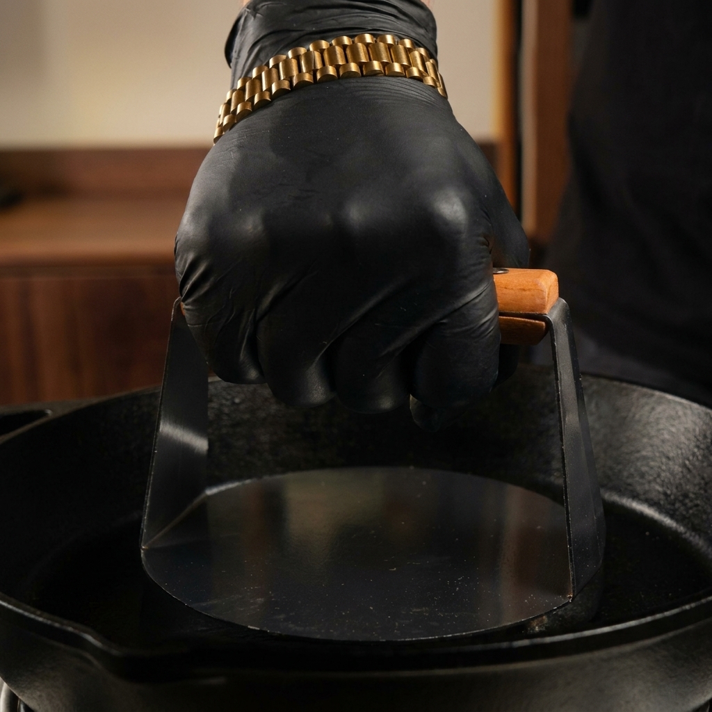 Una mano con guante usando una prensa de metal pesada para aplastar una bola de carne picada en una sartén de hierro fundido muy caliente.