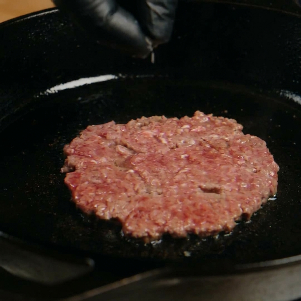 Una mano espolvoreando sal y pimienta negra sobre un medallón de carne aplastado que se cocina en una sartén de hierro fundido.