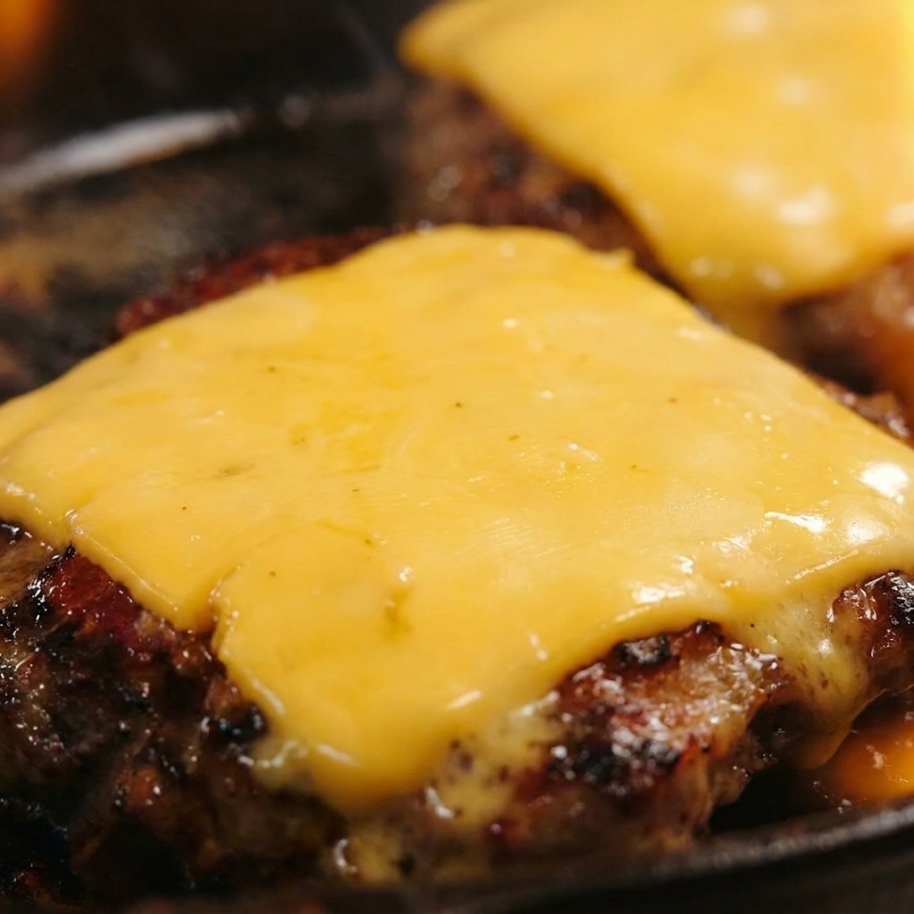 Primer plano de un cuadrado de queso cheddar amarillo perfectamente fundido y extendido sobre un medallón de carne tostado.
