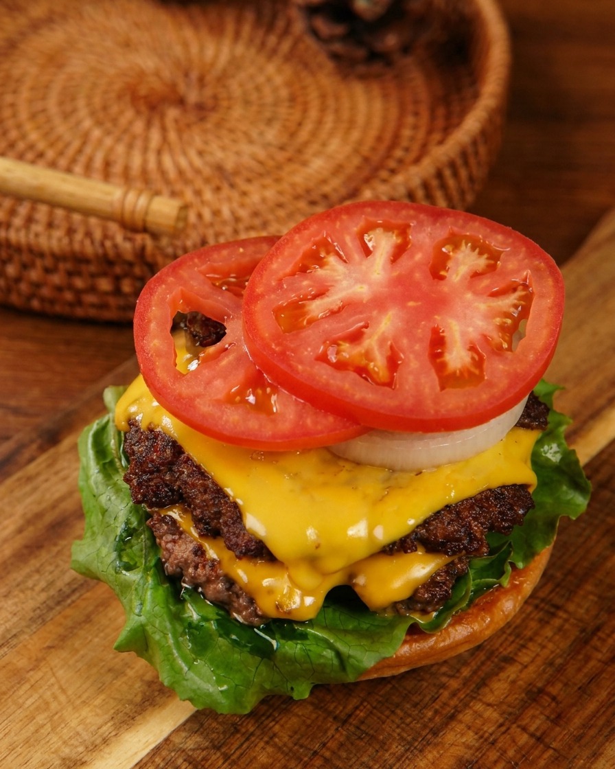 Dos rodajas de tomate rojo y cebolla blanca cortada descansando en lo alto de una hamburguesa triple con queso.