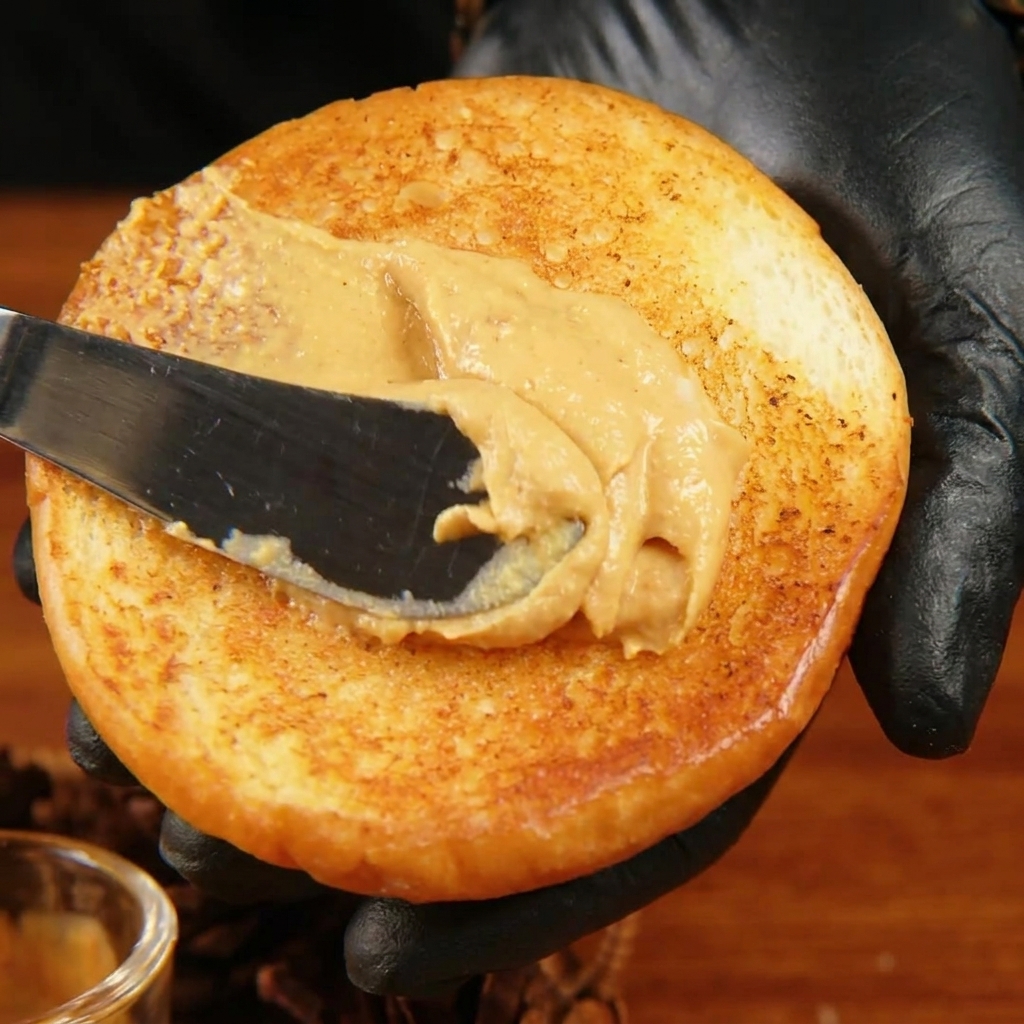 Una mano enguantada de negro sosteniendo la tapa tostada y dorada de un pan de hamburguesa, mientras una espátula extiende una gruesa capa de cremosa salsa naranja por su interior.