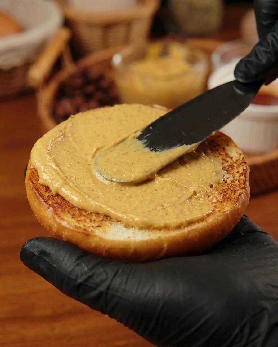 Una altísima hamburguesa completamente montada, asegurada con un palillo de madera insertado de arriba abajo a través de la tapa del pan.