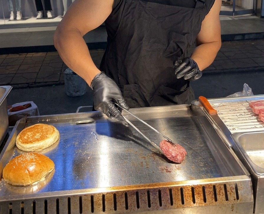 Una hamburguesa de ternera cruda colocada sobre una plancha de acero inoxidable caliente con unas pinzas de metal.