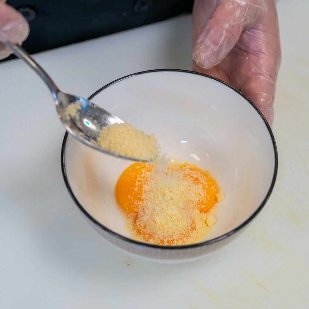 Una cuchara espolvoreando queso rallado sobre dos yemas de huevo naranja brillante en un bol blanco.