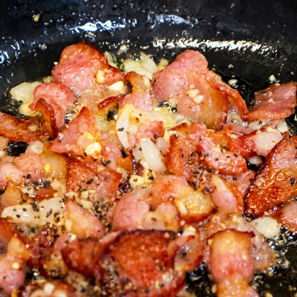 Primer plano de bacón dorado y cebolla pochada cubiertos con pimienta negra recién molida.