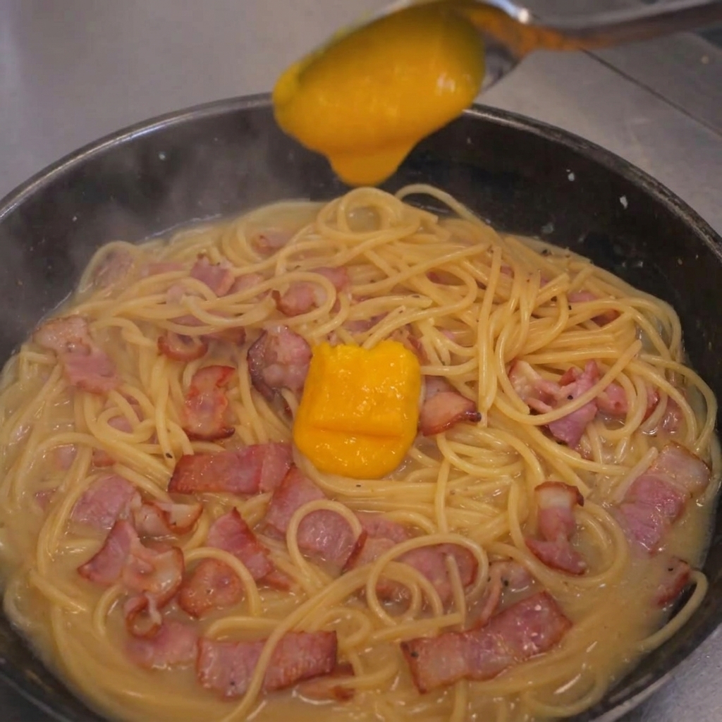 Mezcla espesa de huevo y queso vertiéndose sobre los espaguetis calientes en la sartén.