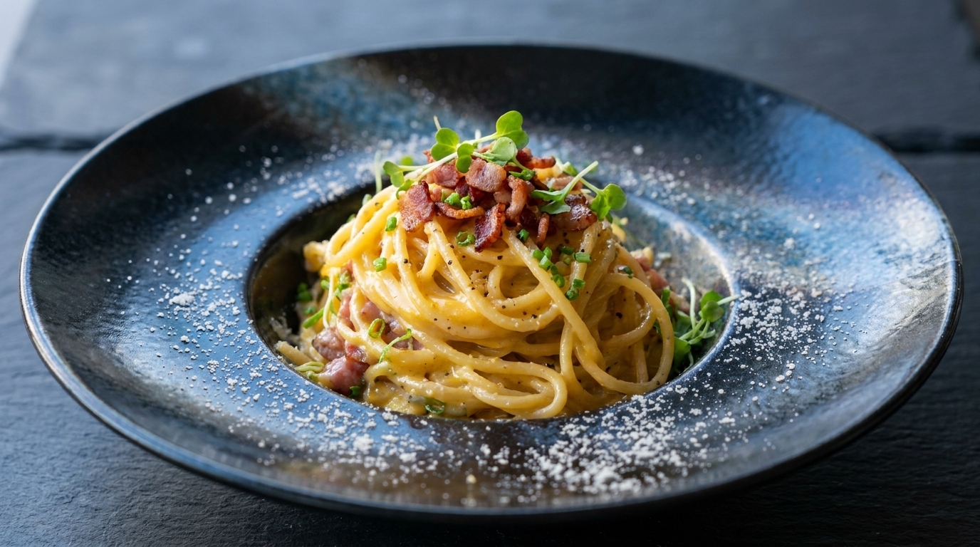 Espaguetis a la Carbonara con Bacón, Ajo y Cebollino