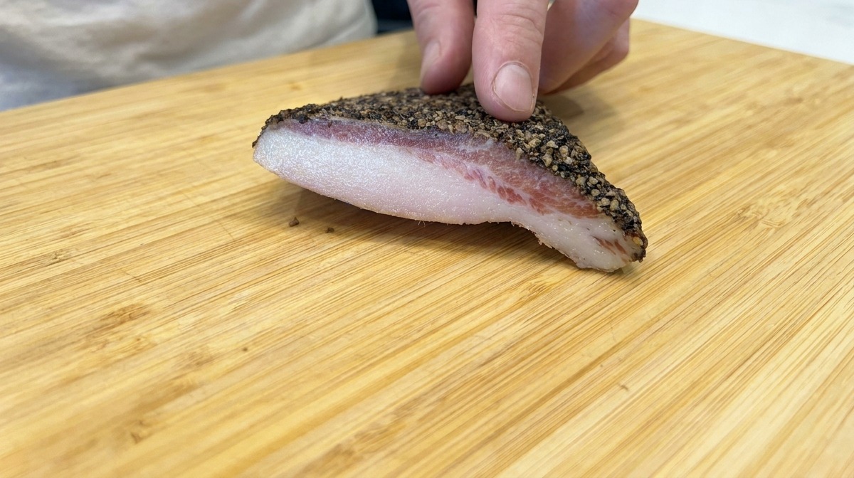 Un trozo grueso de guanciale cubierto de pimienta sobre una tabla de cortar.