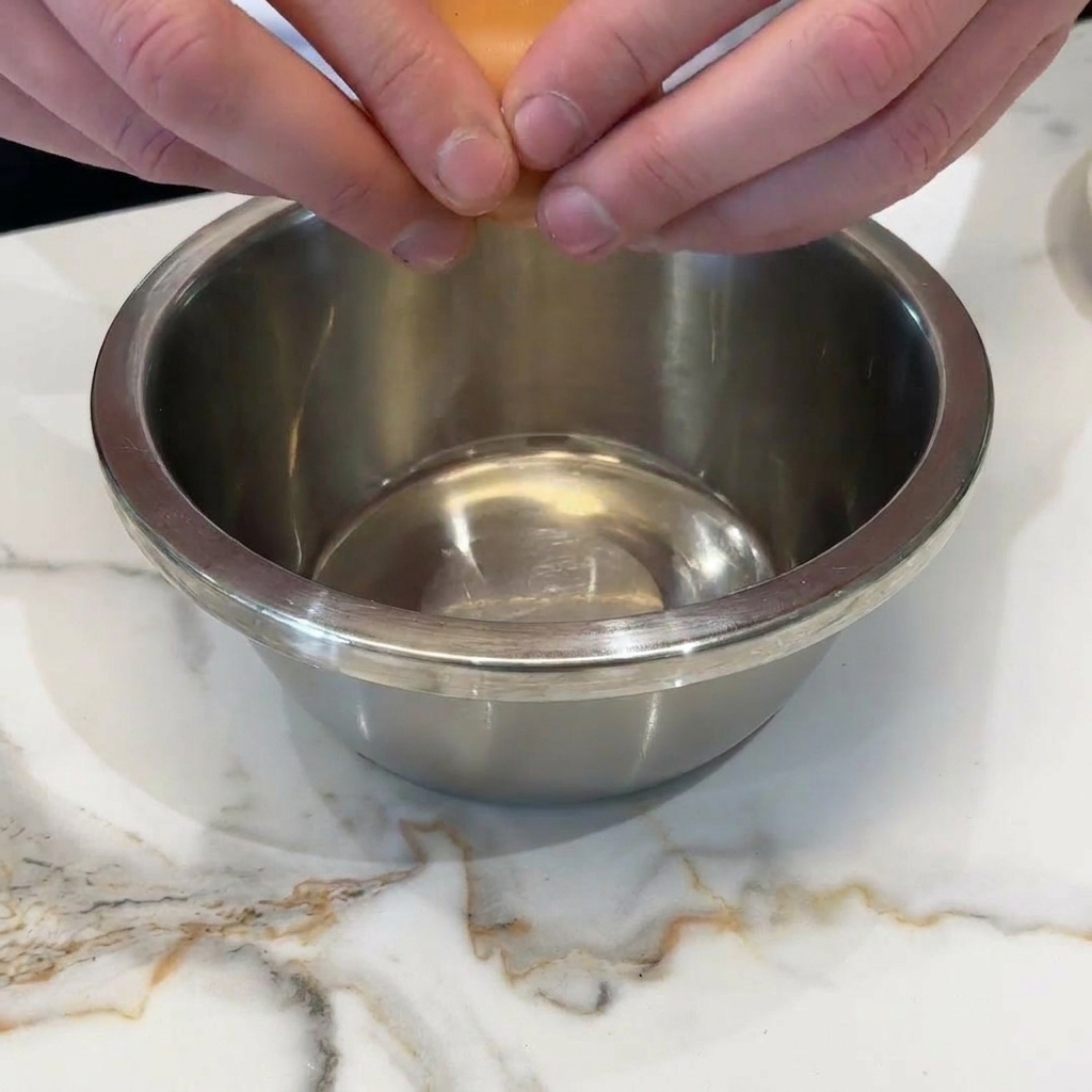 Manos cascando un huevo crudo en un bol de acero inoxidable.