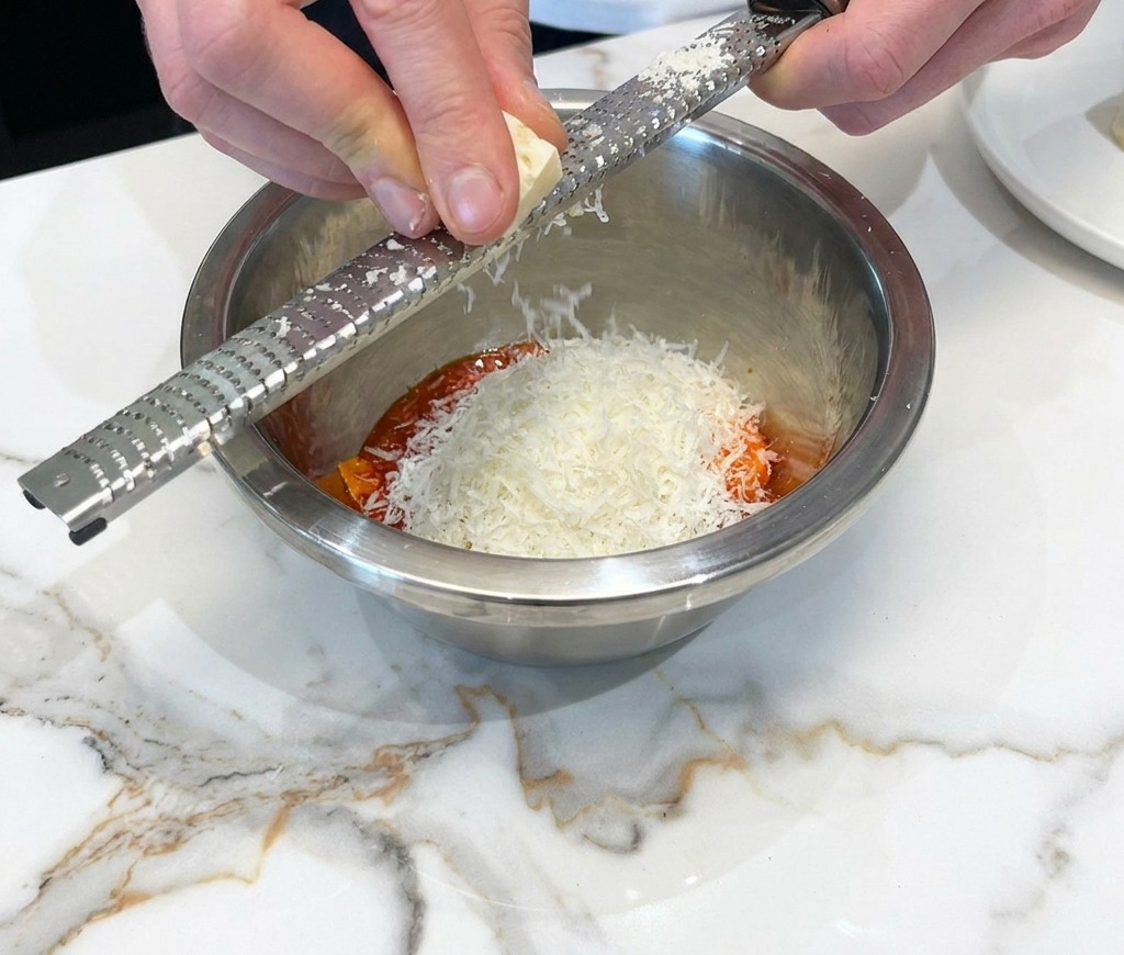 Rallando queso Pecorino fresco sobre un huevo crudo en un bol metálico.