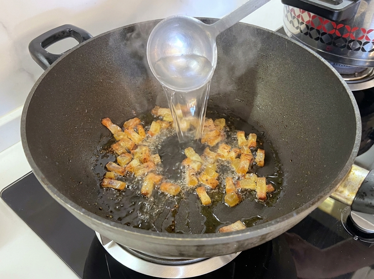 Un cazo de metal vertiendo agua de cocción de la pasta en una sartén caliente con guanciale crujiente.