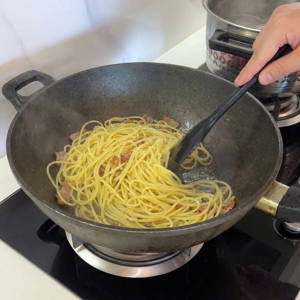 Espaguetis y guanciale en una sartén sobre un fogón de gas apagado.