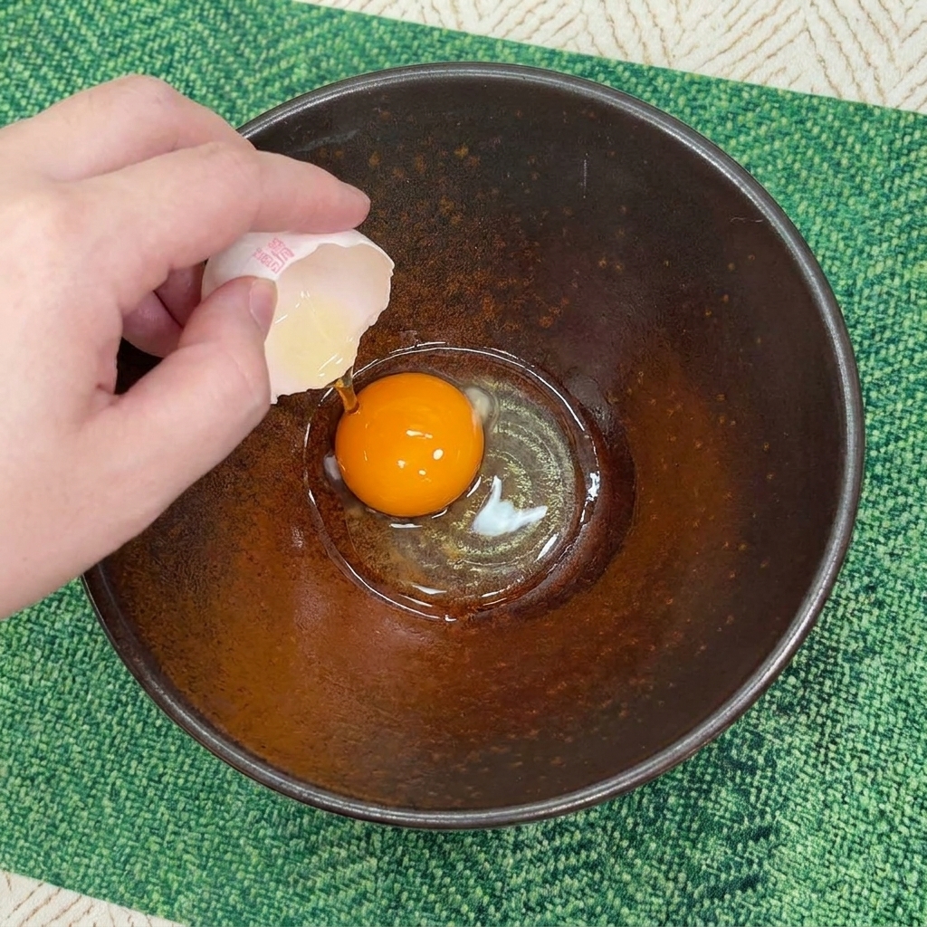 Mano cascando un huevo para dejar caer una yema cruda en un bol oscuro.