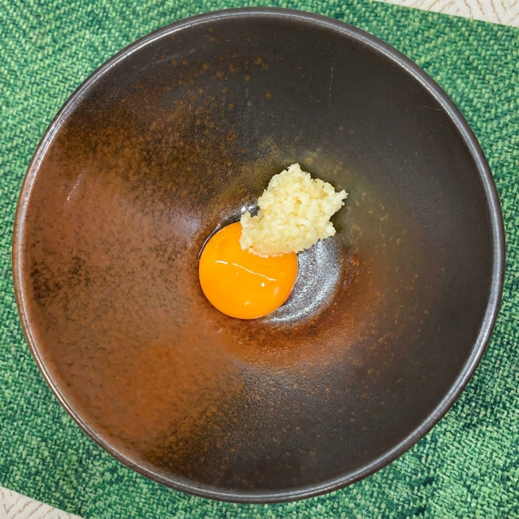 Una porción de ajo picado colocada junto a una yema de huevo en un bol oscuro.