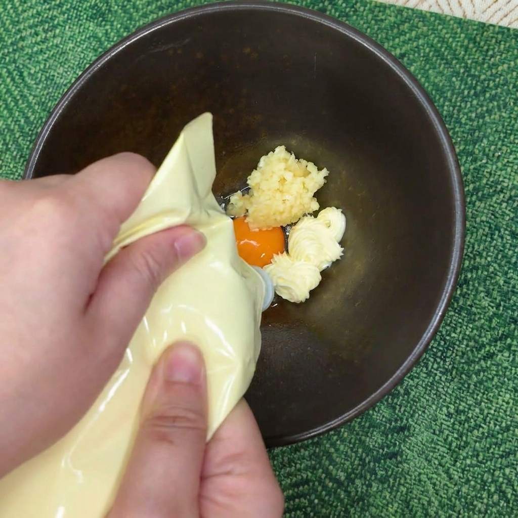 Mano apretando una botella de mayonesa sobre un bol con yema de huevo y ajo picado.
