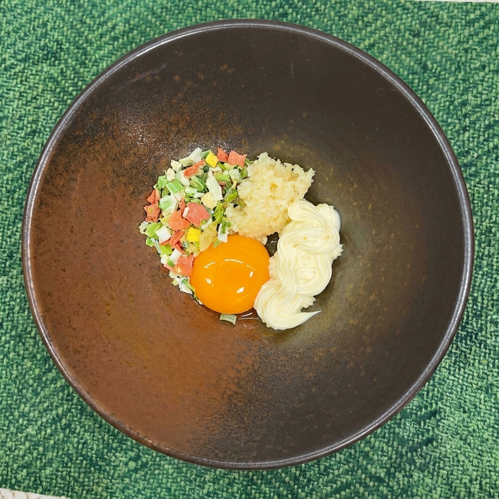 Vegetales secos añadidos a un bol que contiene yema de huevo, ajo, mayonesa y sazonador.