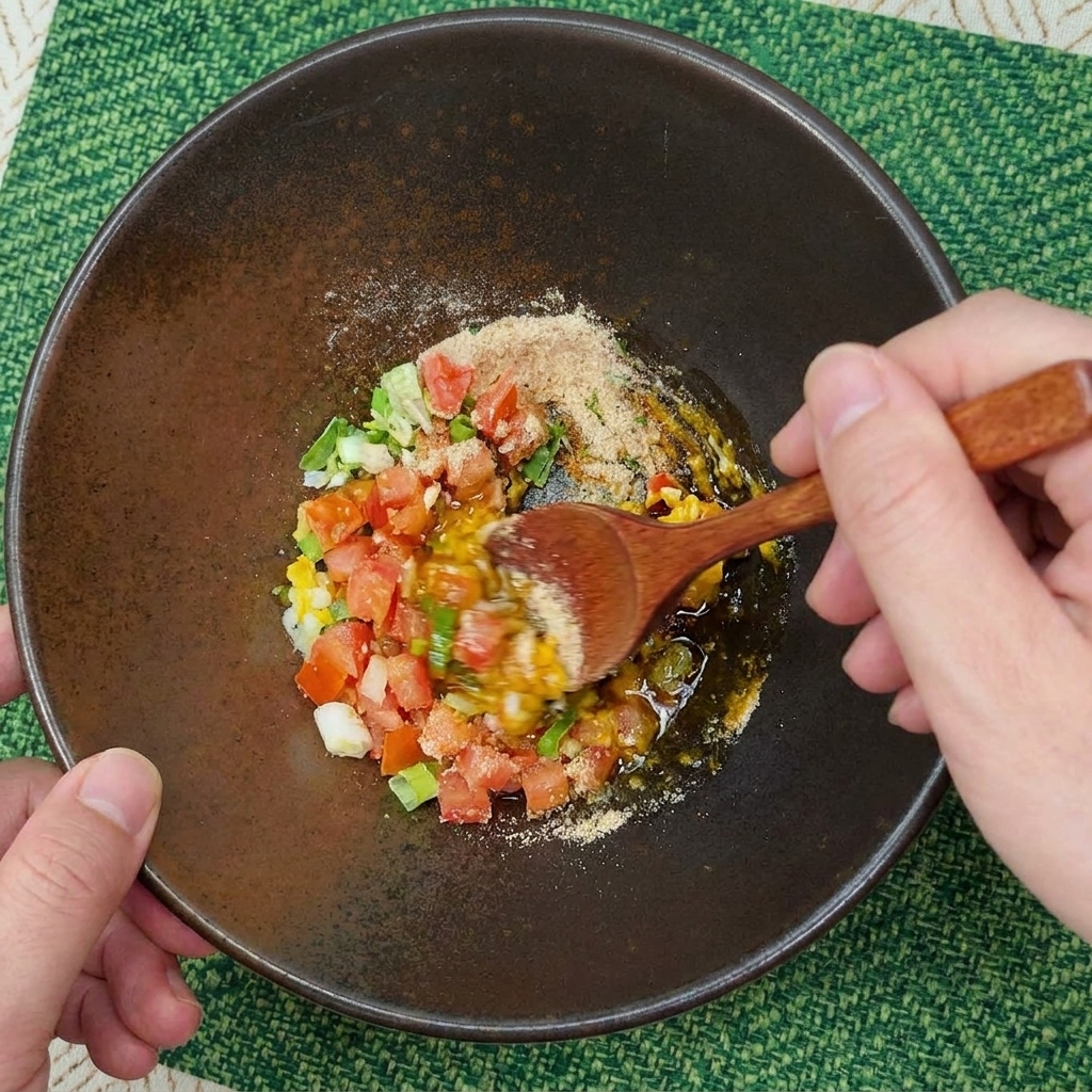 Mano usando una cuchara de madera para mezclar la yema, mayonesa y condimentos en una pasta.