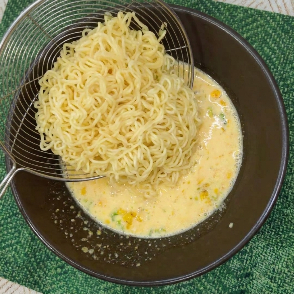 Un colador transfiriendo fideos rizados recién cocidos a un bol con caldo cremoso y maíz.