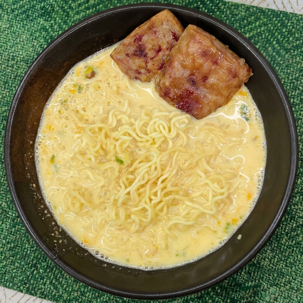 Dos lonchas gruesas y doradas de spam frito colocadas sobre fideos instantáneos en caldo cremoso.