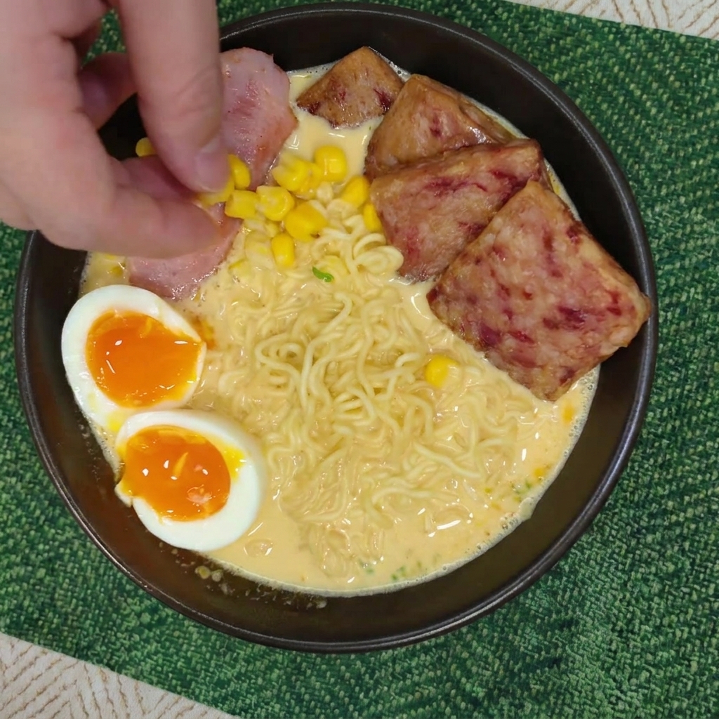 Dedos dejando caer granos de maíz amarillo brillante en un bol de ramen cremoso con toppings.