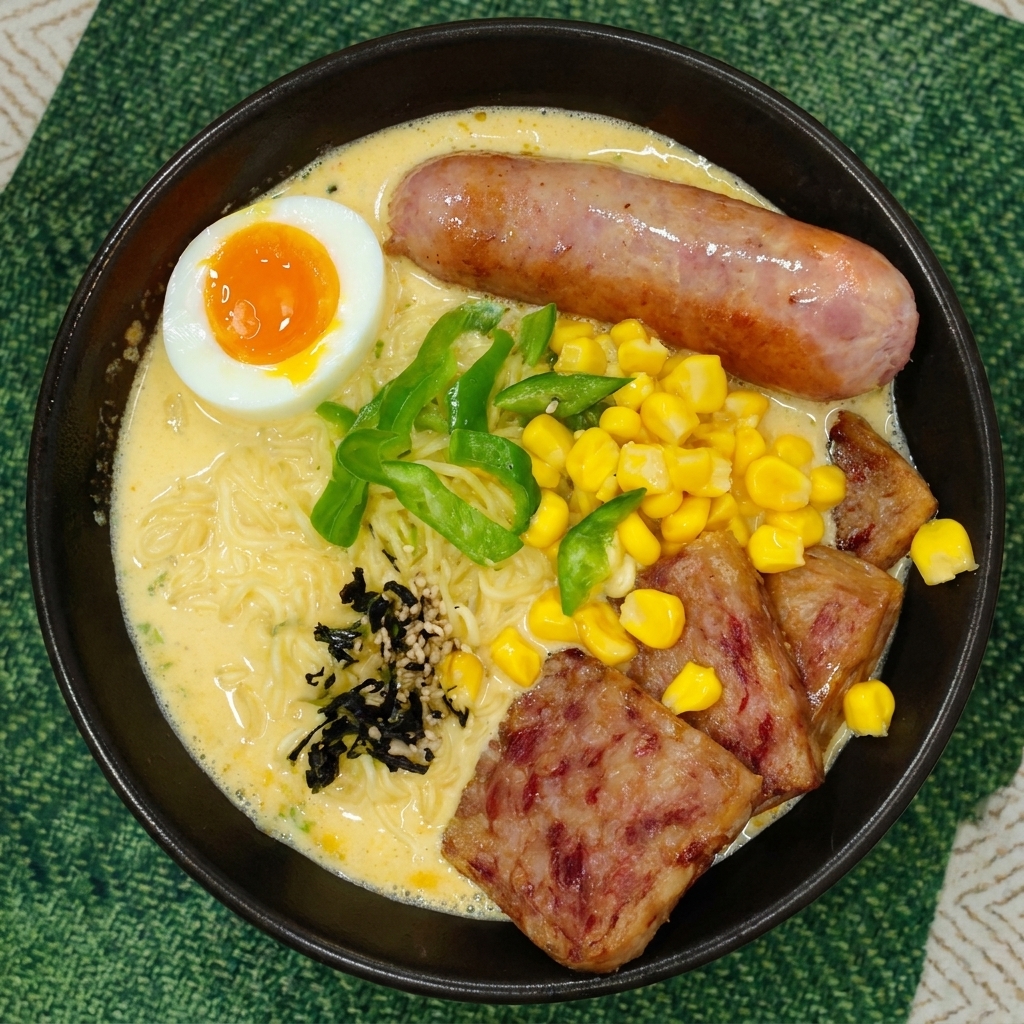 Vista cenital de un bol de ramen completo, decorado con copos de alga, sésamo, pimientos, maíz y carnes.