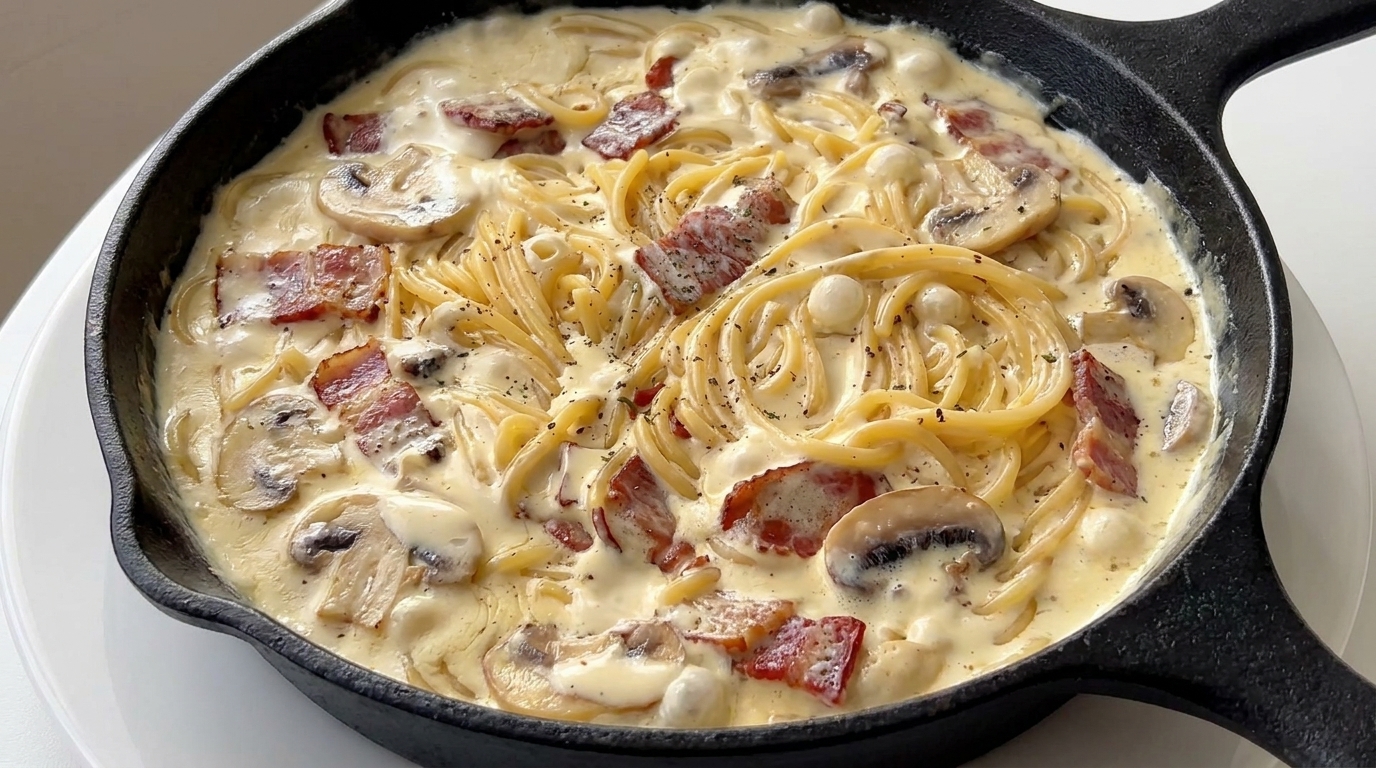 Pasta cremosa con champiñones y bacon