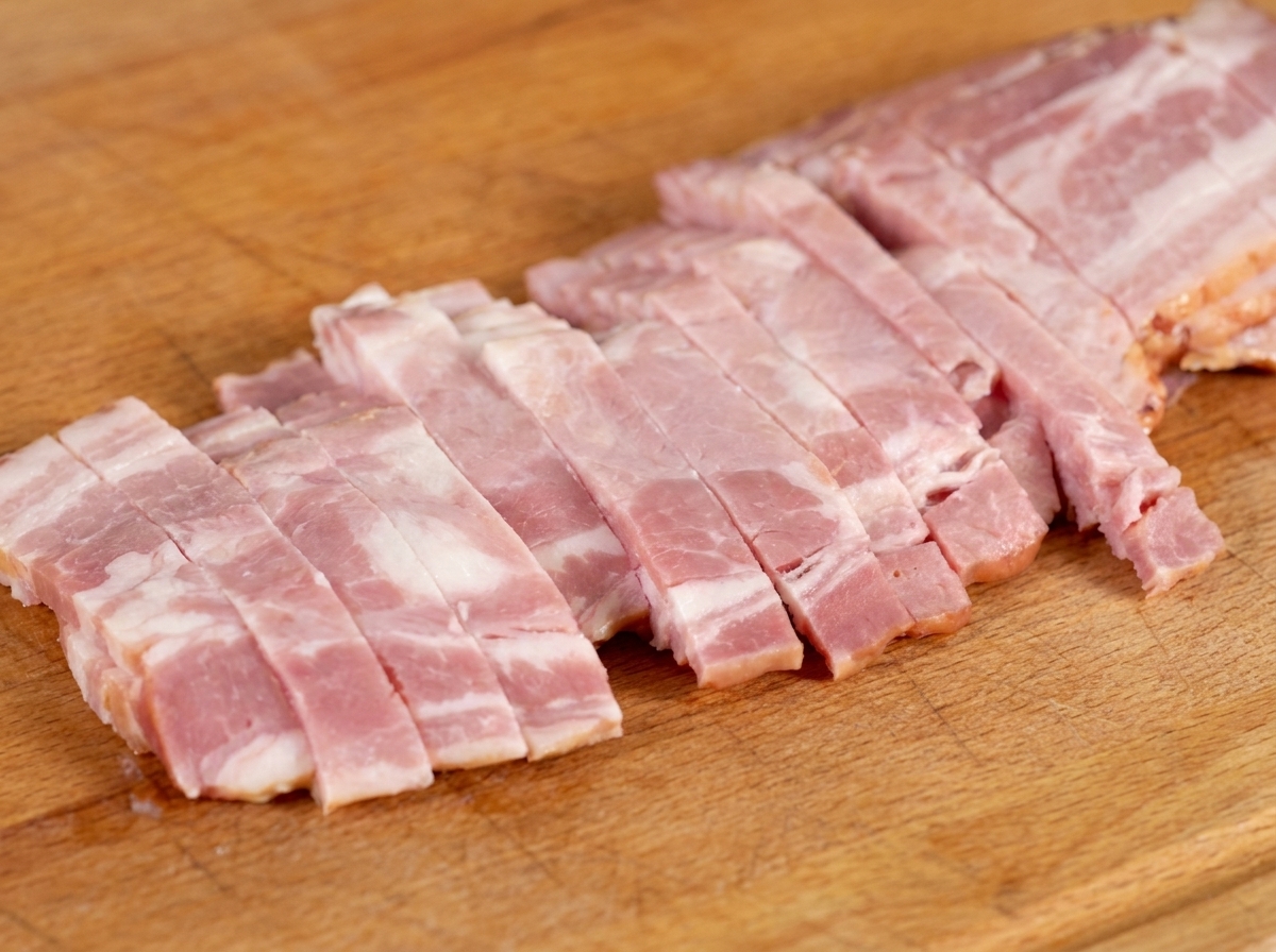 Tiras de beicon crudo cortadas en trozos uniformes sobre una tabla de madera clara.