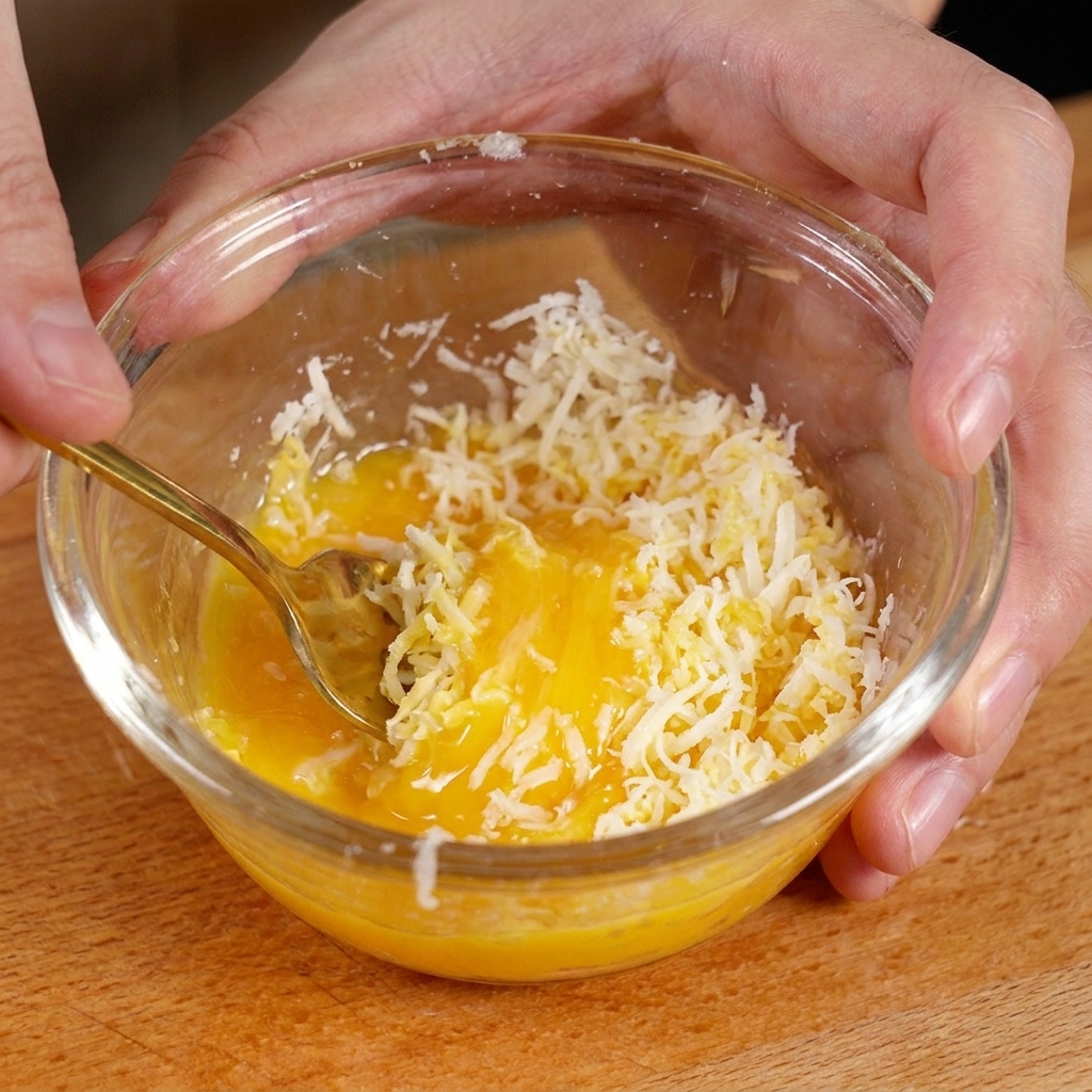 Un bol de cristal con una yema de huevo vibrante mezclándose con queso rallado usando una cuchara dorada.