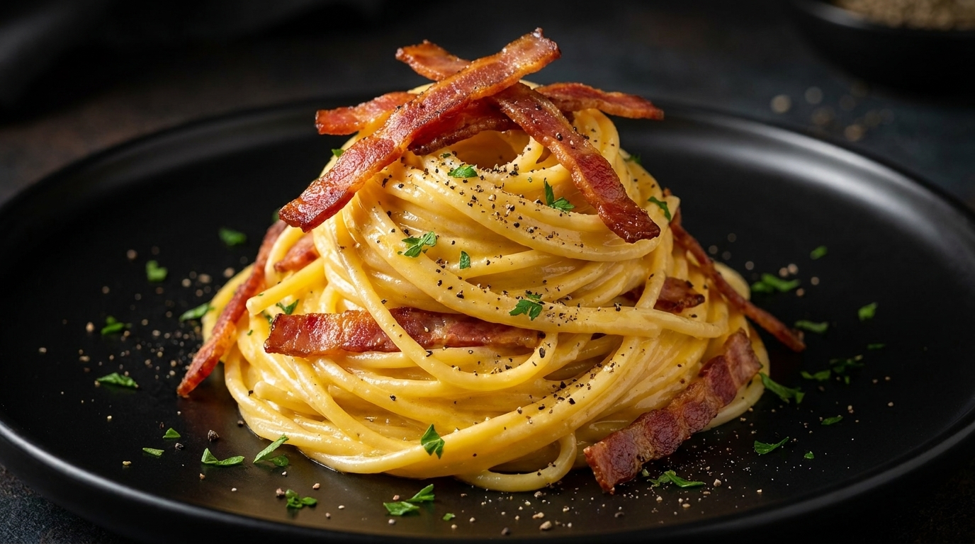 Espaguetis carbonara con nata y beicon en 10 minutos