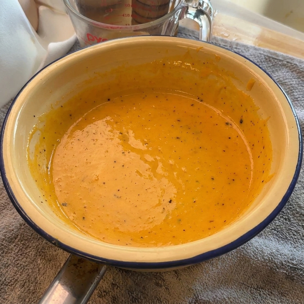 Una salsa carbonara suave, espesa y de color naranja vibrante con motas de pimienta negra en un bol de color crema.
