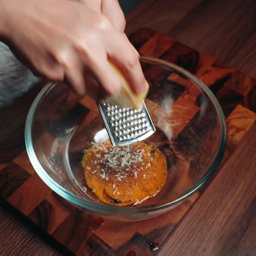 Una mano usando un rallador metálico para desmenuzar un bloque de queso sobre un bol de yemas sazonadas.