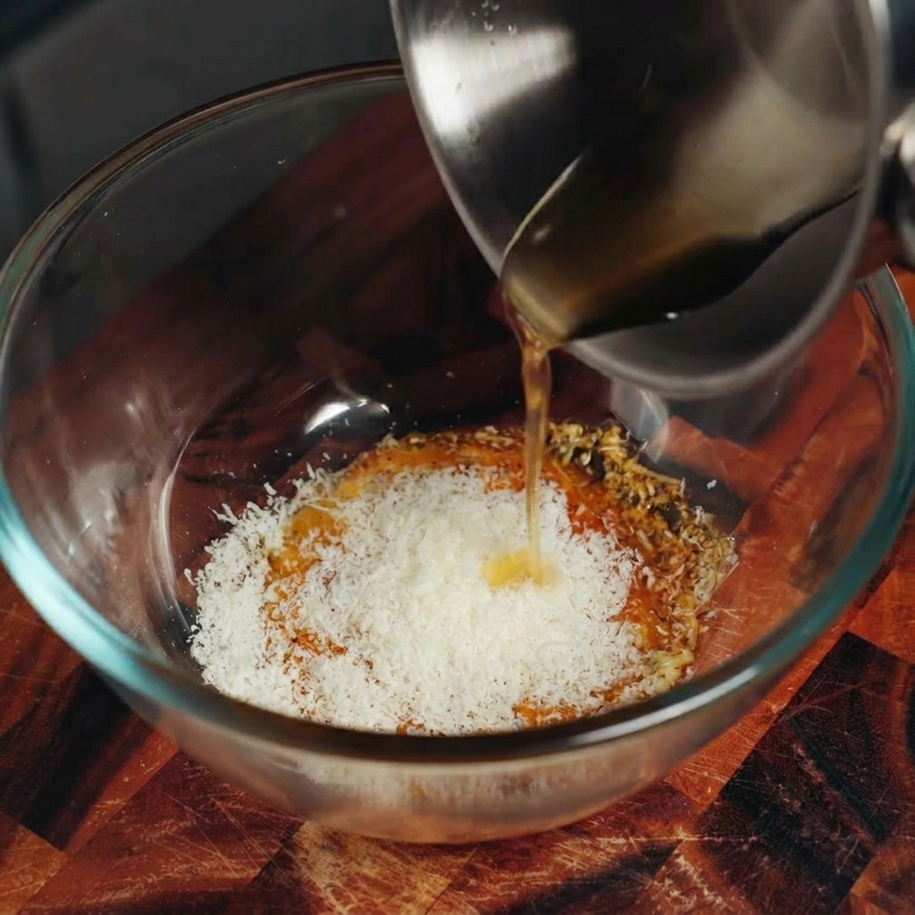 Grasa de beicon dorada vertiéndose desde una olla pequeña a un bol con la mezcla de huevo y queso.