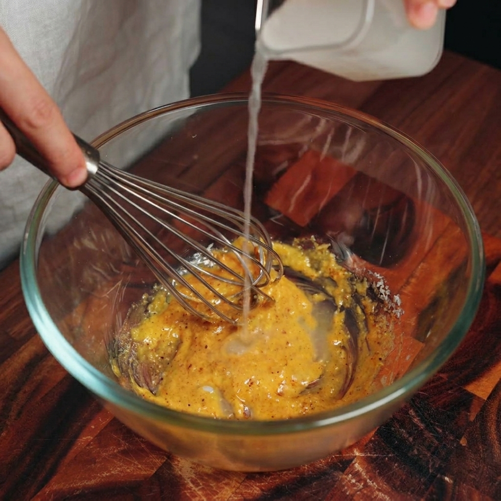 Un batidor metálico mezclando una salsa carbonara amarilla pálida mientras se vierte agua almidonada.