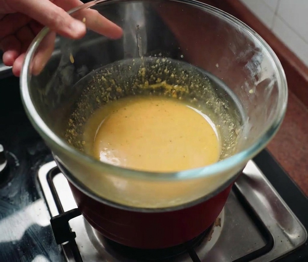 Un bol de cristal con salsa amarilla sostenido sobre una olla de agua humeante.