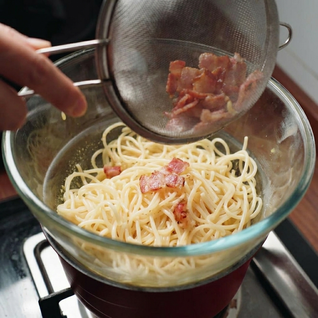 Trozos de beicon frito vertiéndose desde un colador a un bol con espaguetis y salsa de huevo cremosa.