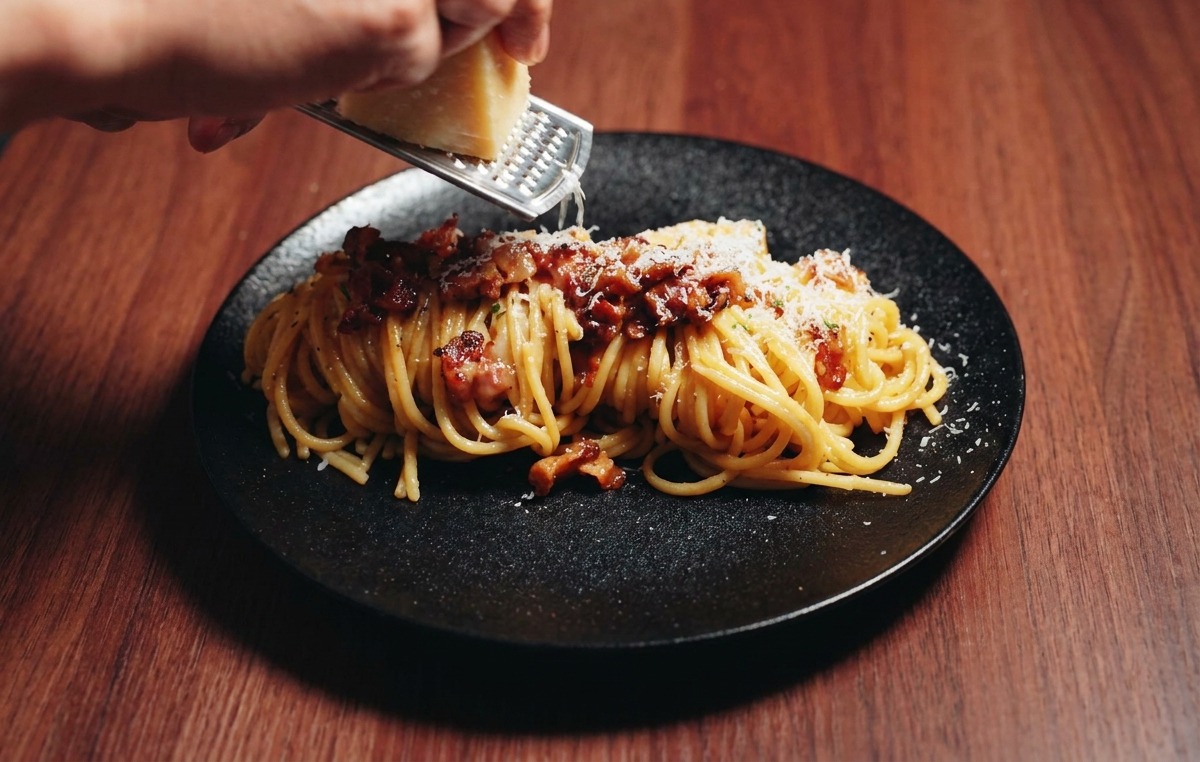Una mano usando un rallador metálico para cubrir un plato de carbonara con finas virutas de queso parmesano.