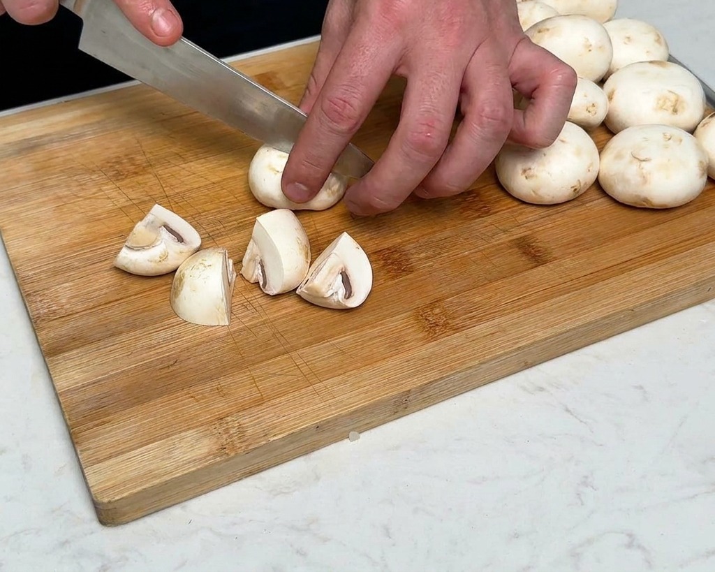 Persona usando un cuchillo de chef para cortar champiñones blancos frescos en cuatro trozos sobre una tabla de madera.