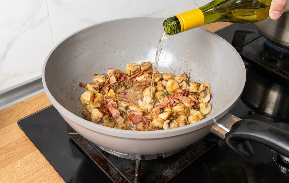 Vino blanco vertiéndose desde una botella verde en una sartén que contiene champiñones salteados y trozos de bacon.