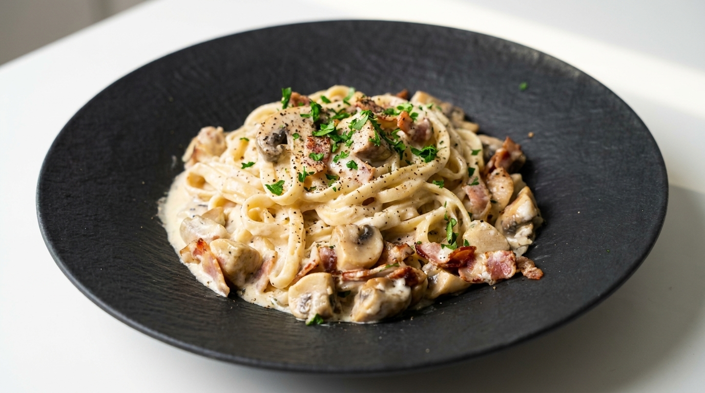 Pasta cremosa con bacon y champiñones