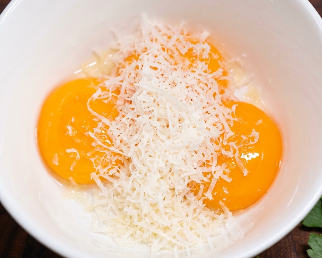 Un montón de queso parmesano blanco finamente rallado cubriendo las yemas de huevo en un bol.