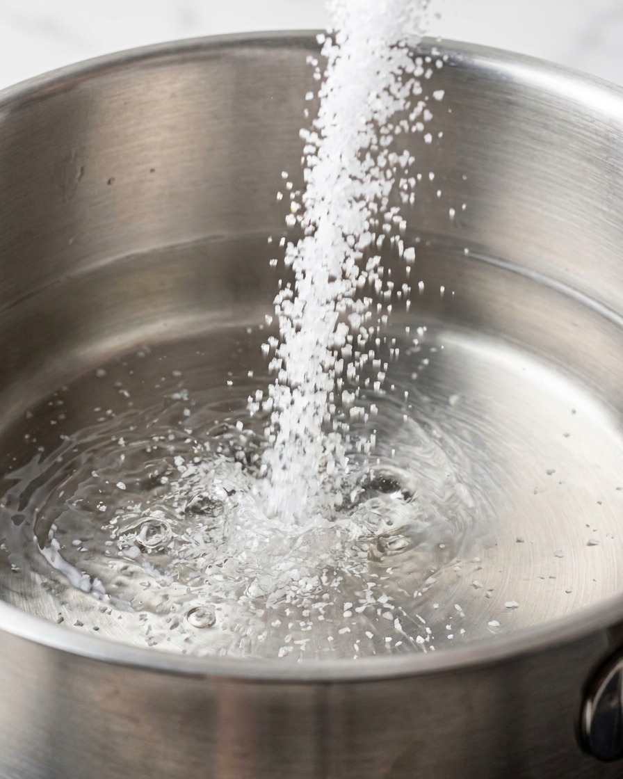 Un chorro de sal marina blanca cayendo en una olla de acero con agua clara.
