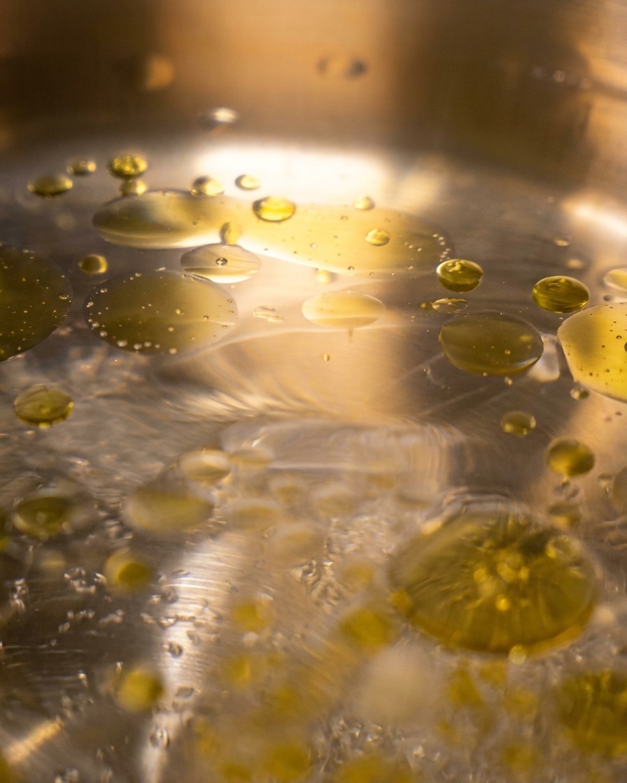 Gotas doradas de aceite de oliva flotando en la superficie de agua hirviendo en una olla metálica.