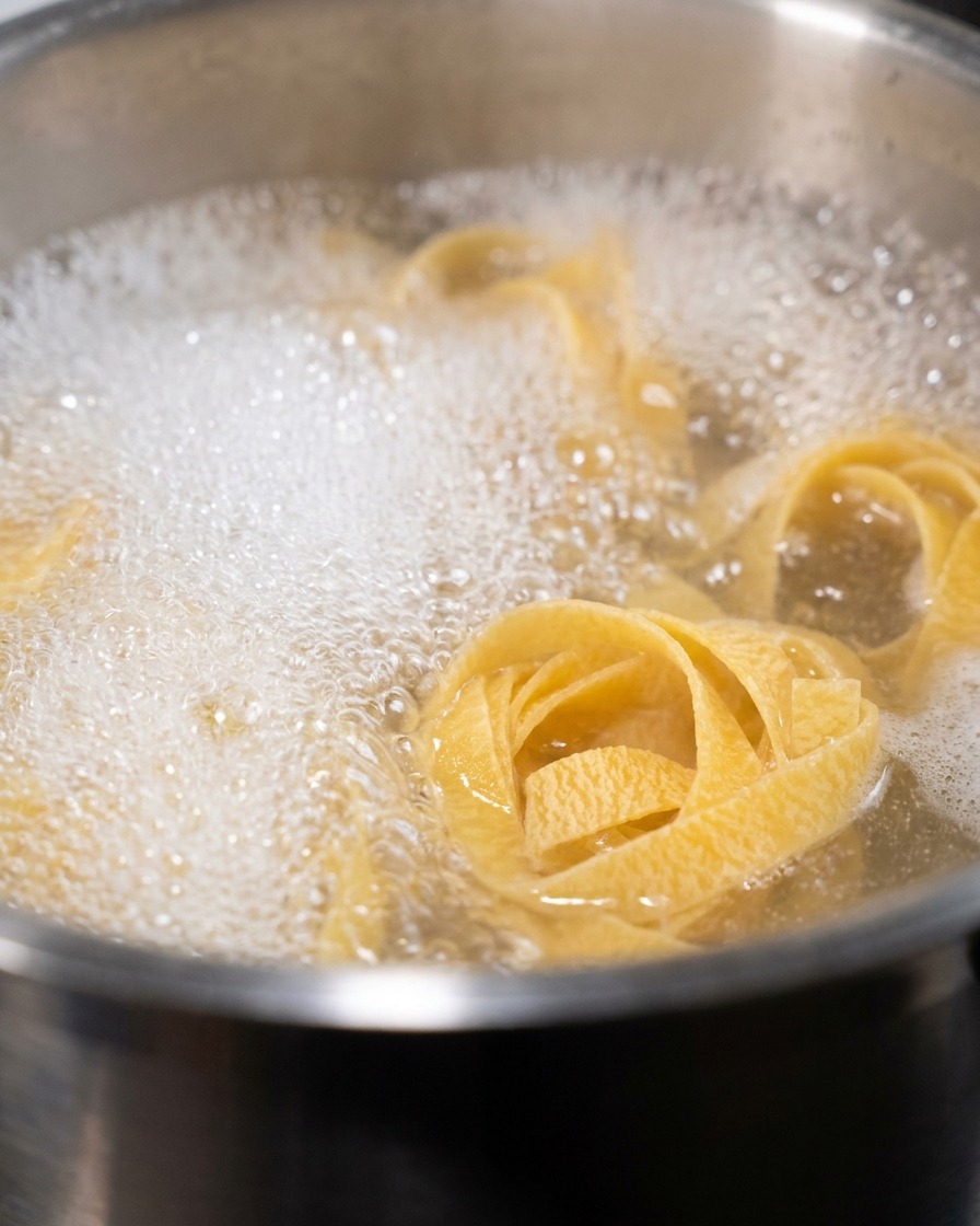 Nidos de pasta fettuccine hirviendo en una olla con burbujas blancas en la superficie.