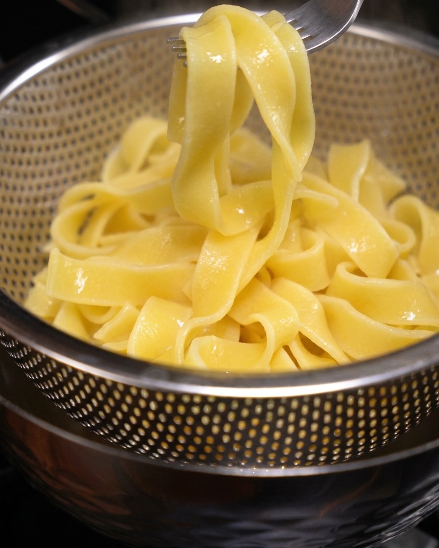 Hebras de pasta anchas y amarillas cocinadas en un colador metálico sobre un bol.